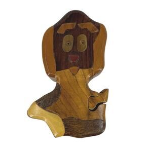 Vintage Hand Carved Wood Dog Puzzle Lined Trinket Box Decorative 4.5 x 3 x 2.5